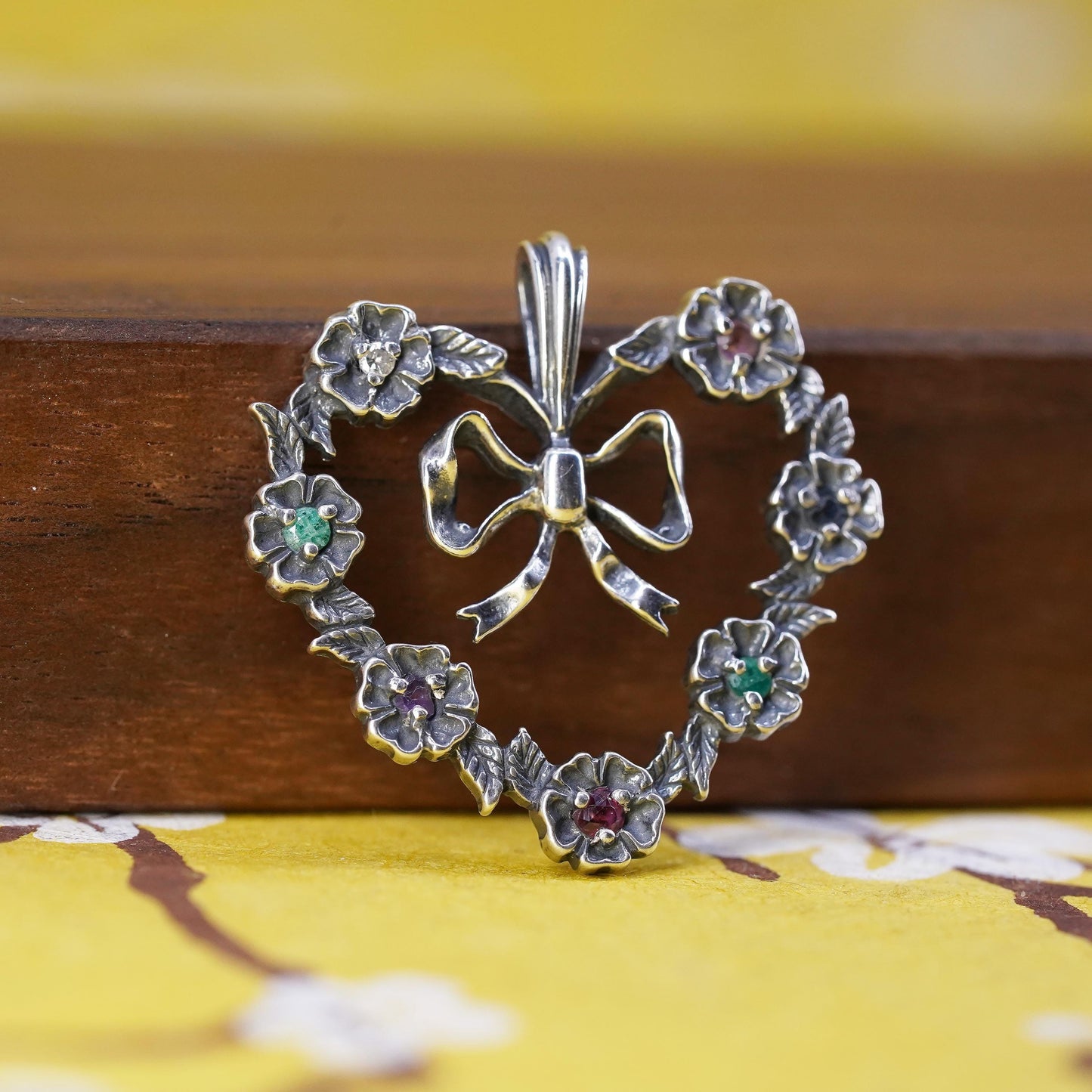 Sterling silver pendant, 925 flower heart ribbon charm emerald ruby sapphire