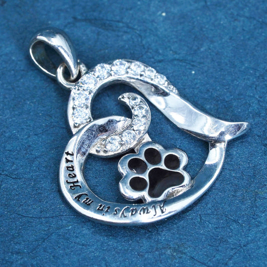 Vintage Sterling silver pendant 925 heart with paw and Cz “always in my heart”