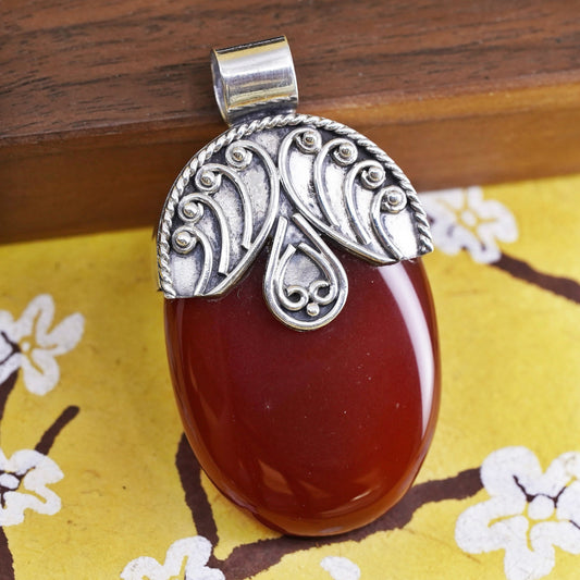 Vintage sterling silver Handmade huge slide Pendant, 925 bali oval Carnelian