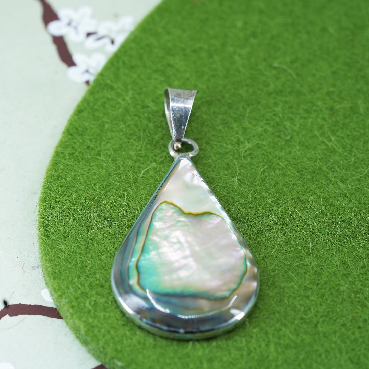 Vintage sterling silver handmade pendant, Mexican 925 teardrop with abalone