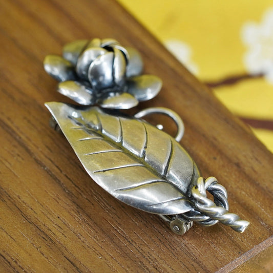 Vintage handmade sterling 925 silver branch leaf flower brooch