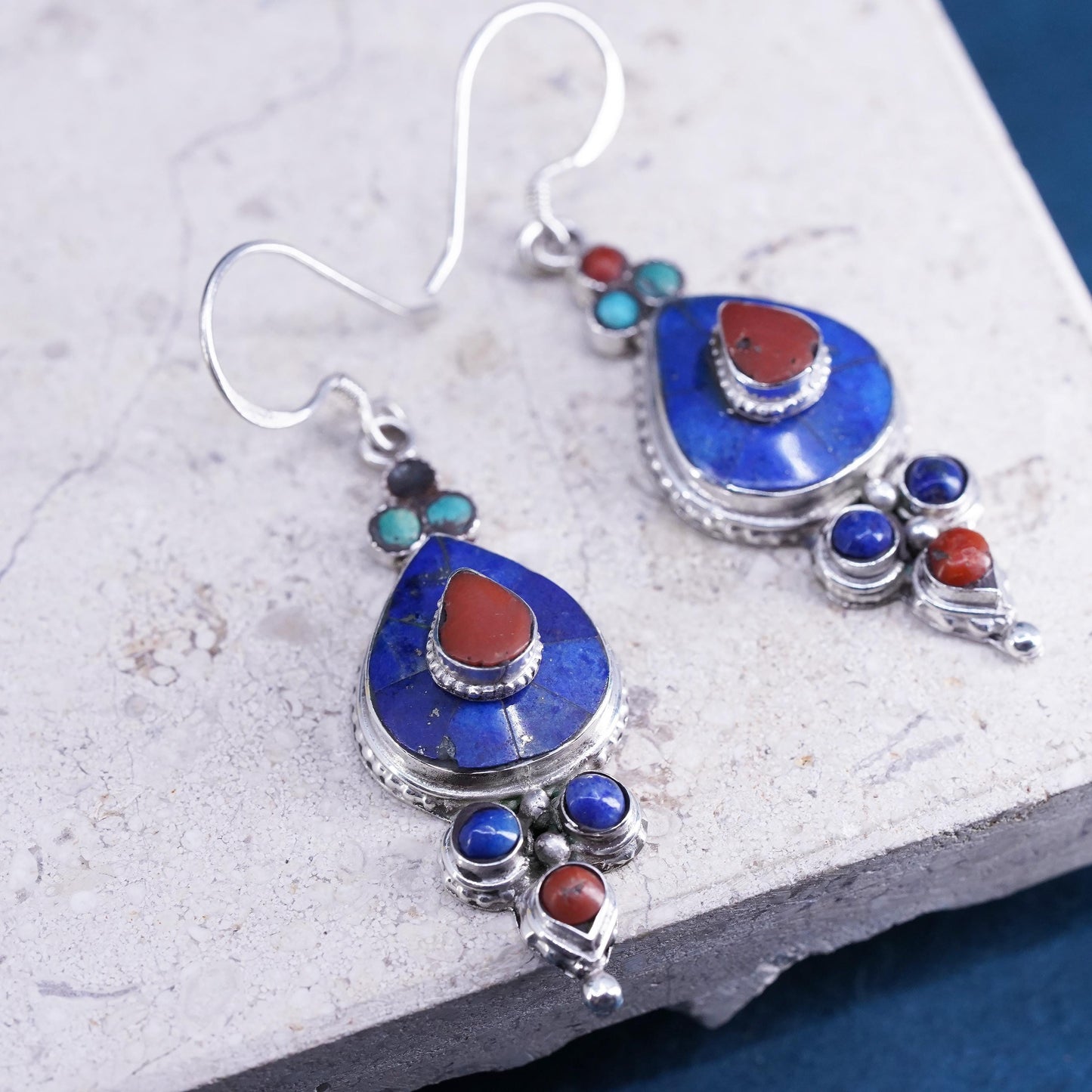 Native American Sterling 925 silver teardrop earrings turquoise coral lapis