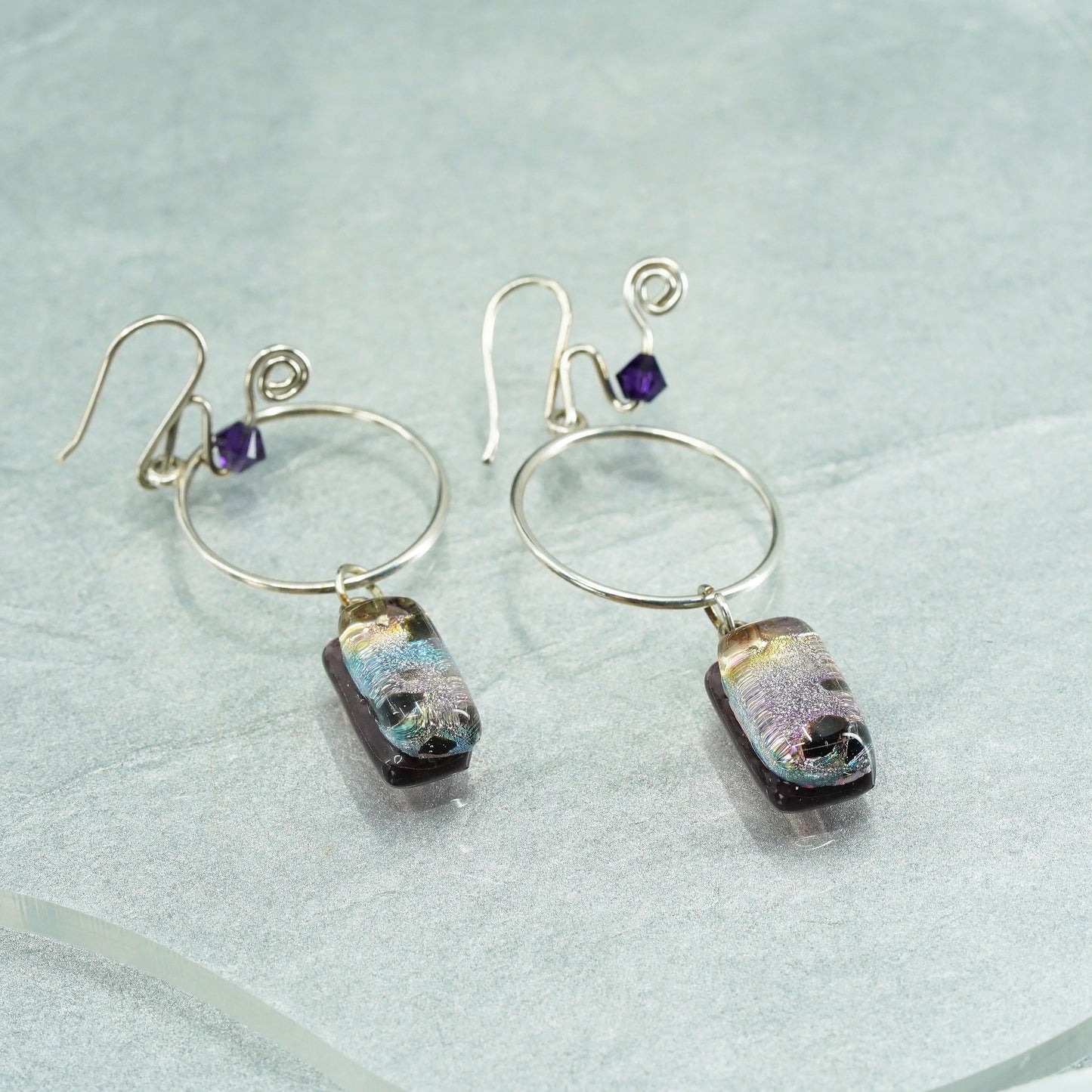 Vintage Sterling 925 silver earrings with artisan glass and purple beads