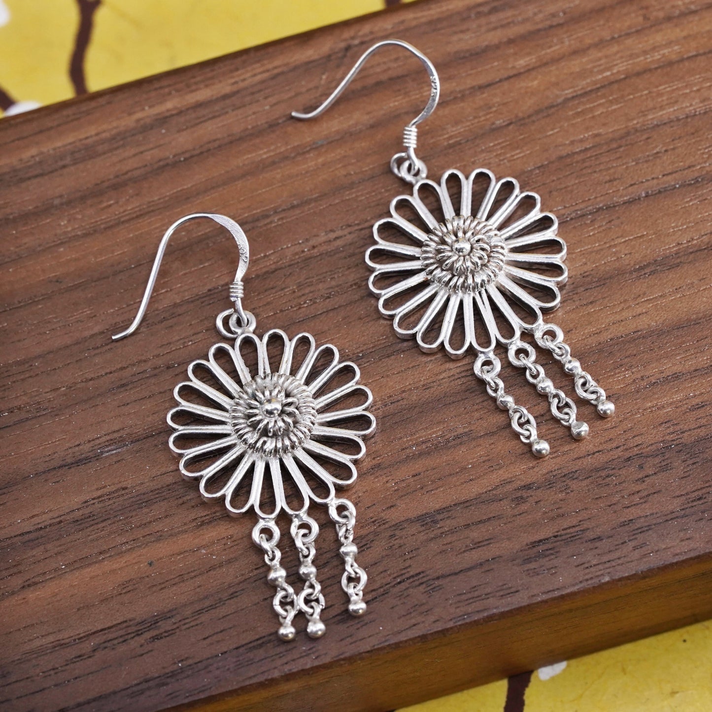 Vintage Sterling silver handmade earrings, 925 Filigree flower drops