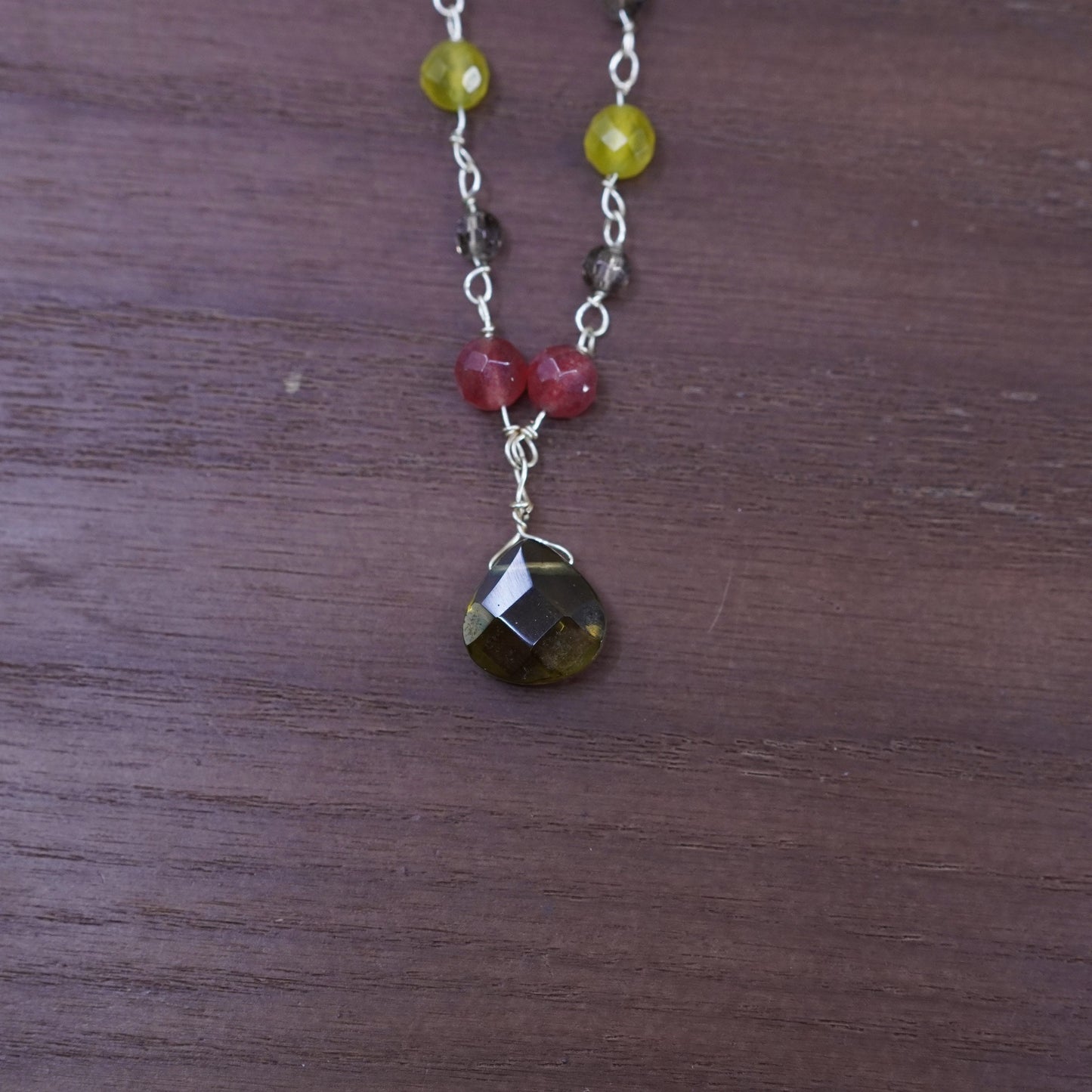 18”, sterling silver necklace, 925 chain with peridot ruby smoky quartz pendant