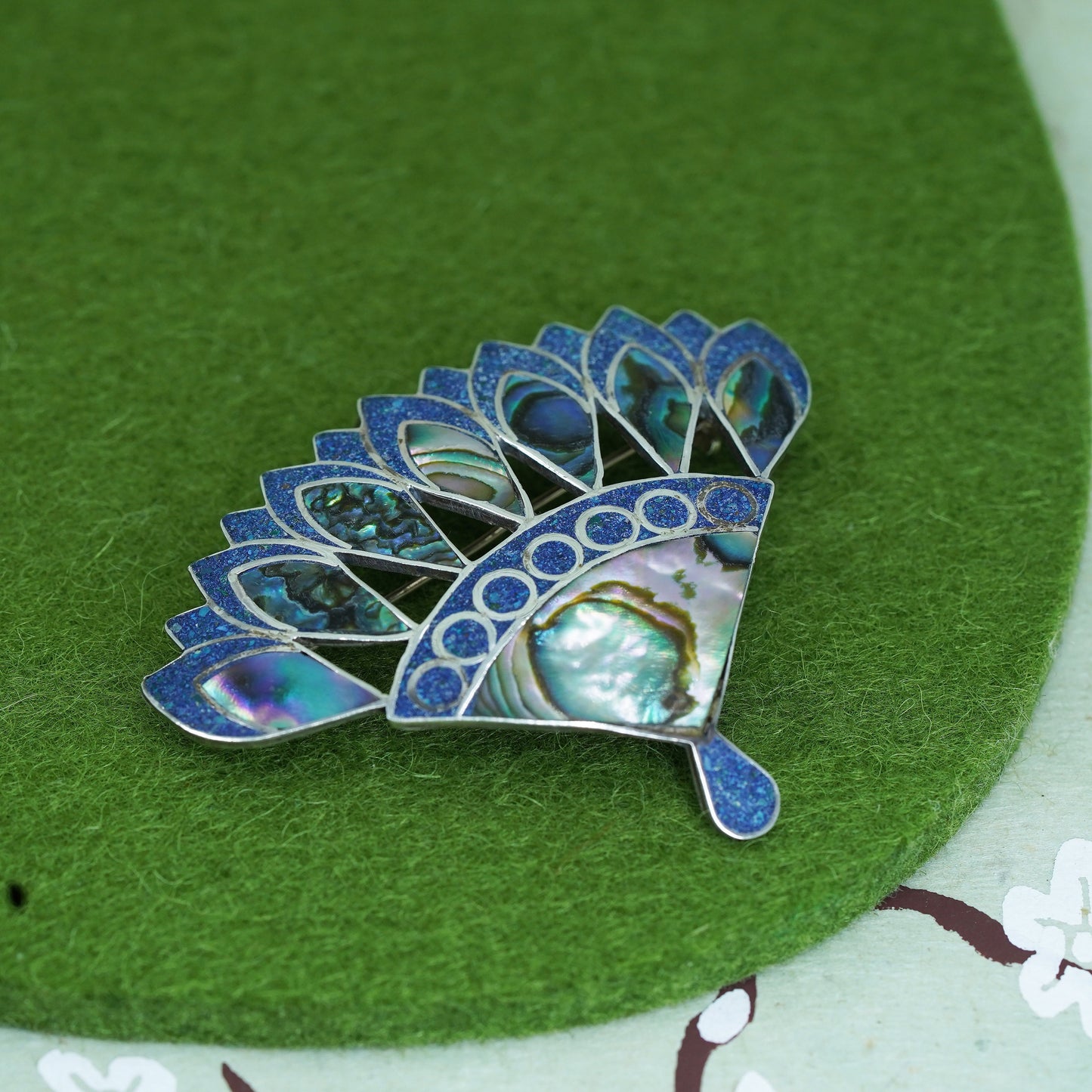 vintage Sterling silver handmade pendant brooch, 925 fan brooch with abalone