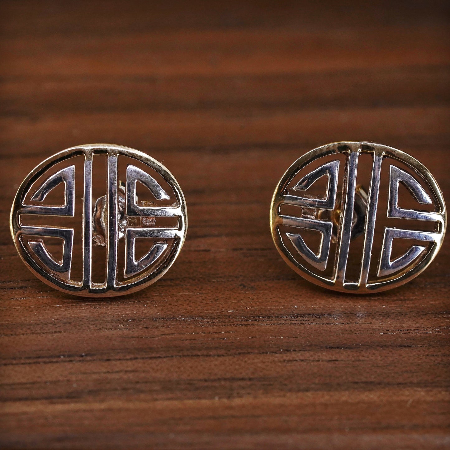 Vintage Sterling silver handmade earrings, 925 greek key oval studs