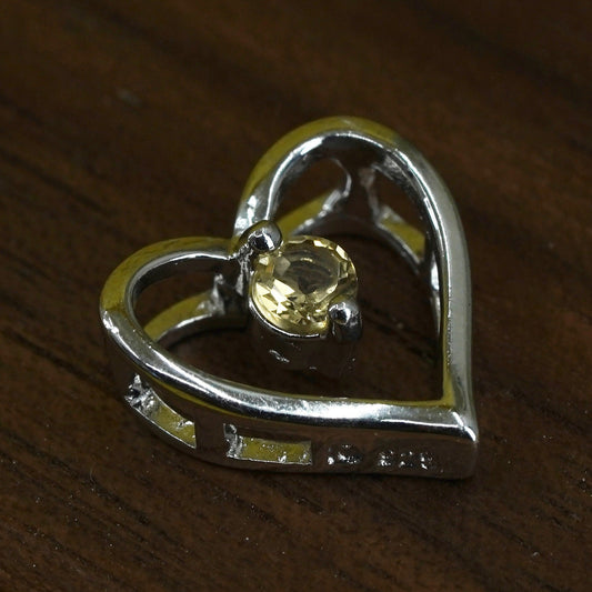 Vintage Sterling silver handmade pendant, 925 heart with citrine