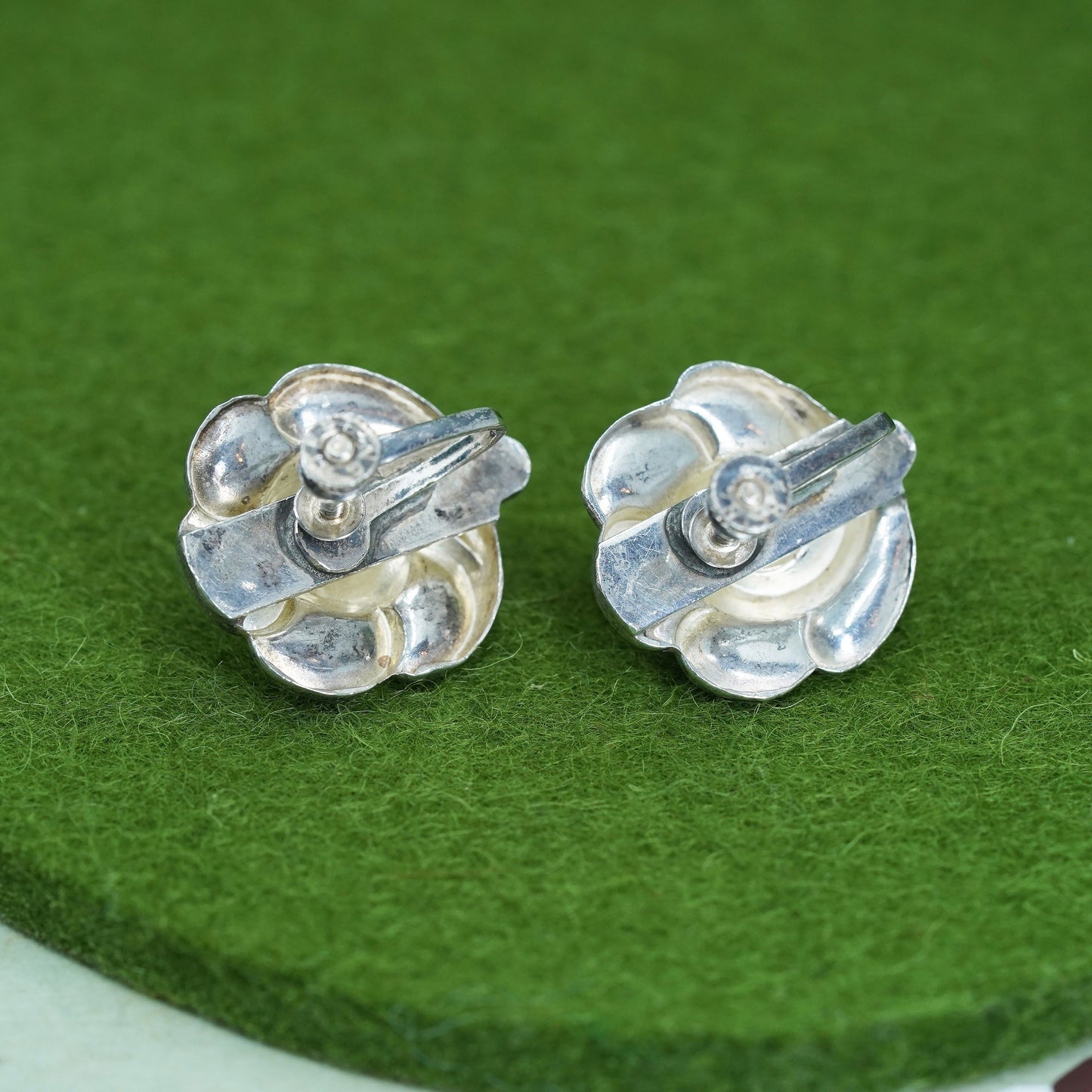 Vintage Sterling silver handmade earrings, 925 screw back rose flower earrings