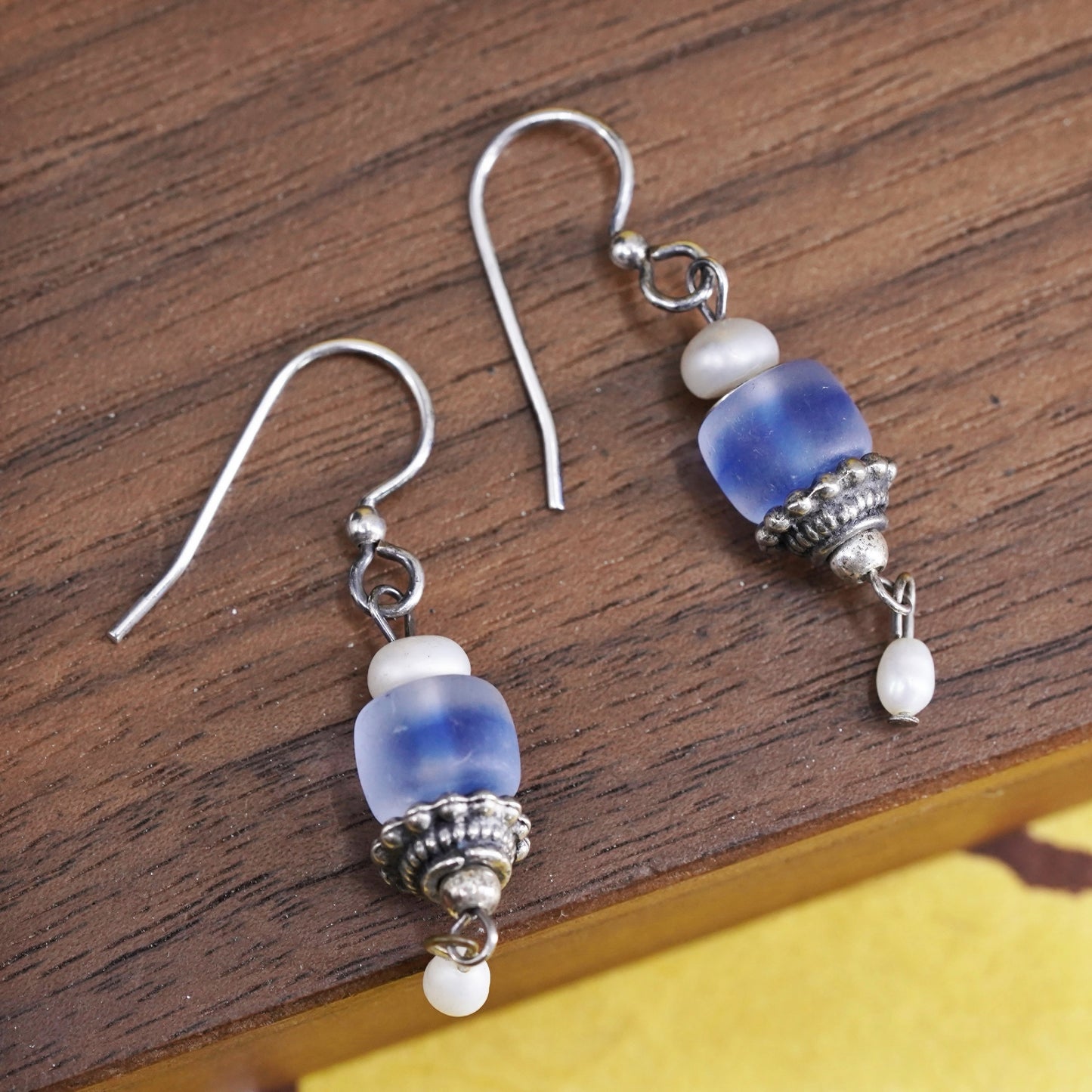 Vintage sterling 925 silver handmade earrings with pearl and blue glass bead