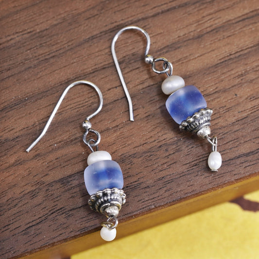 Vintage sterling 925 silver handmade earrings with pearl and blue glass bead