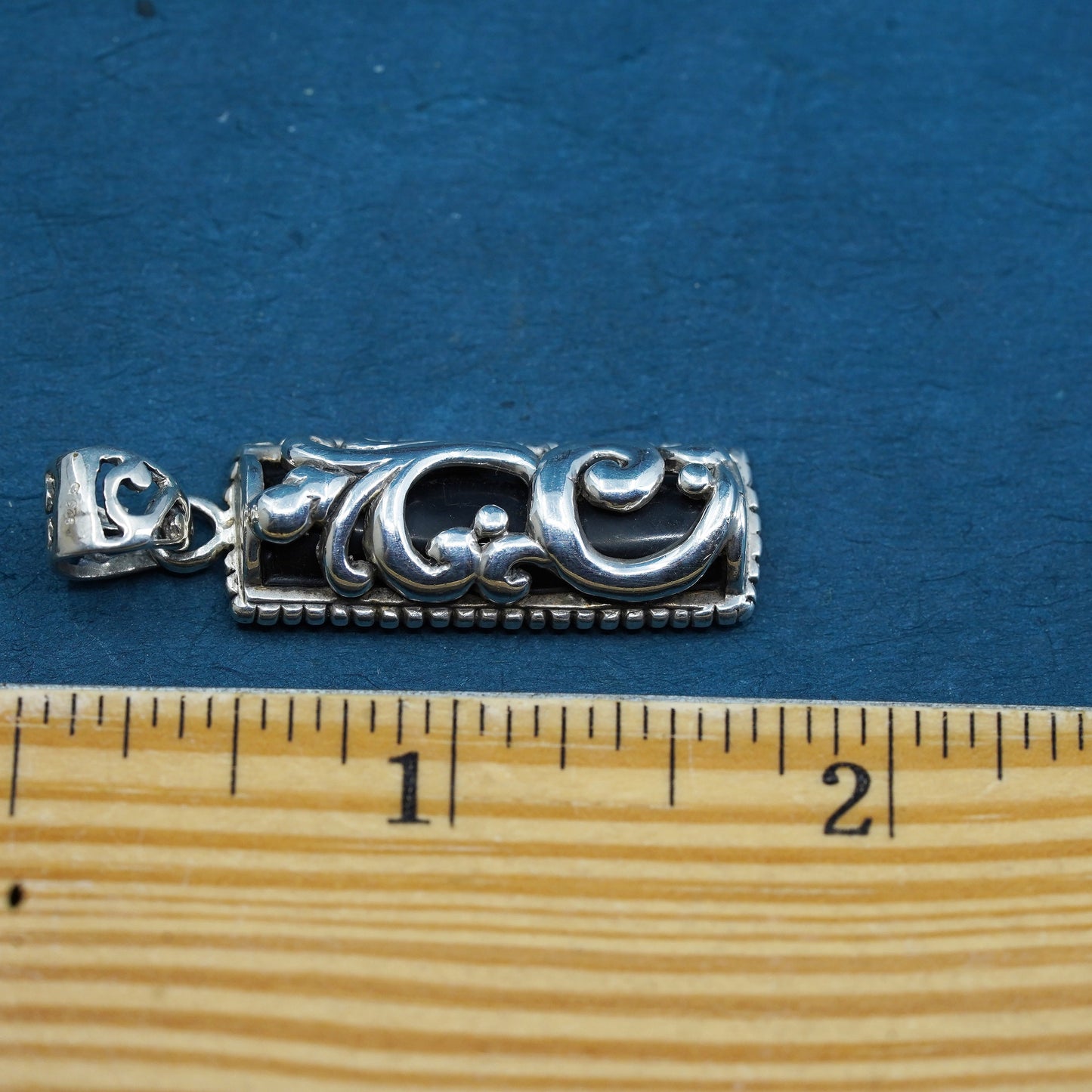 Vintage Sterling silver handmade pendant, 925 filigree long pendant with onyx