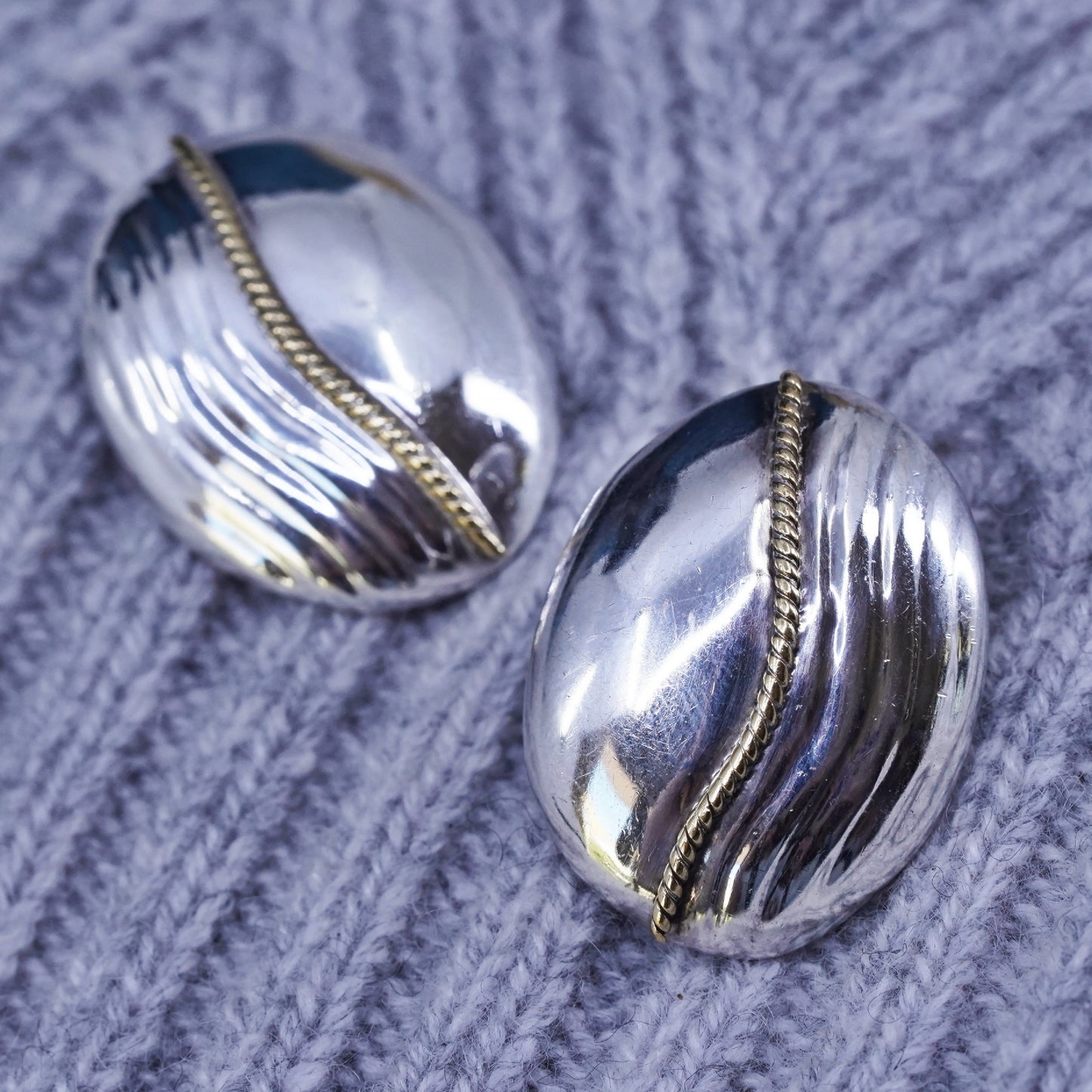 Vintage two tone Sterling silver handmade earrings, 925 oval studs with cable