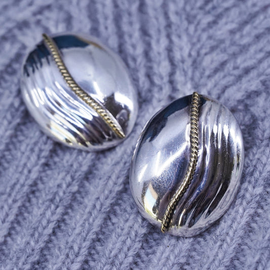 Vintage two tone Sterling silver handmade earrings, 925 oval studs with cable