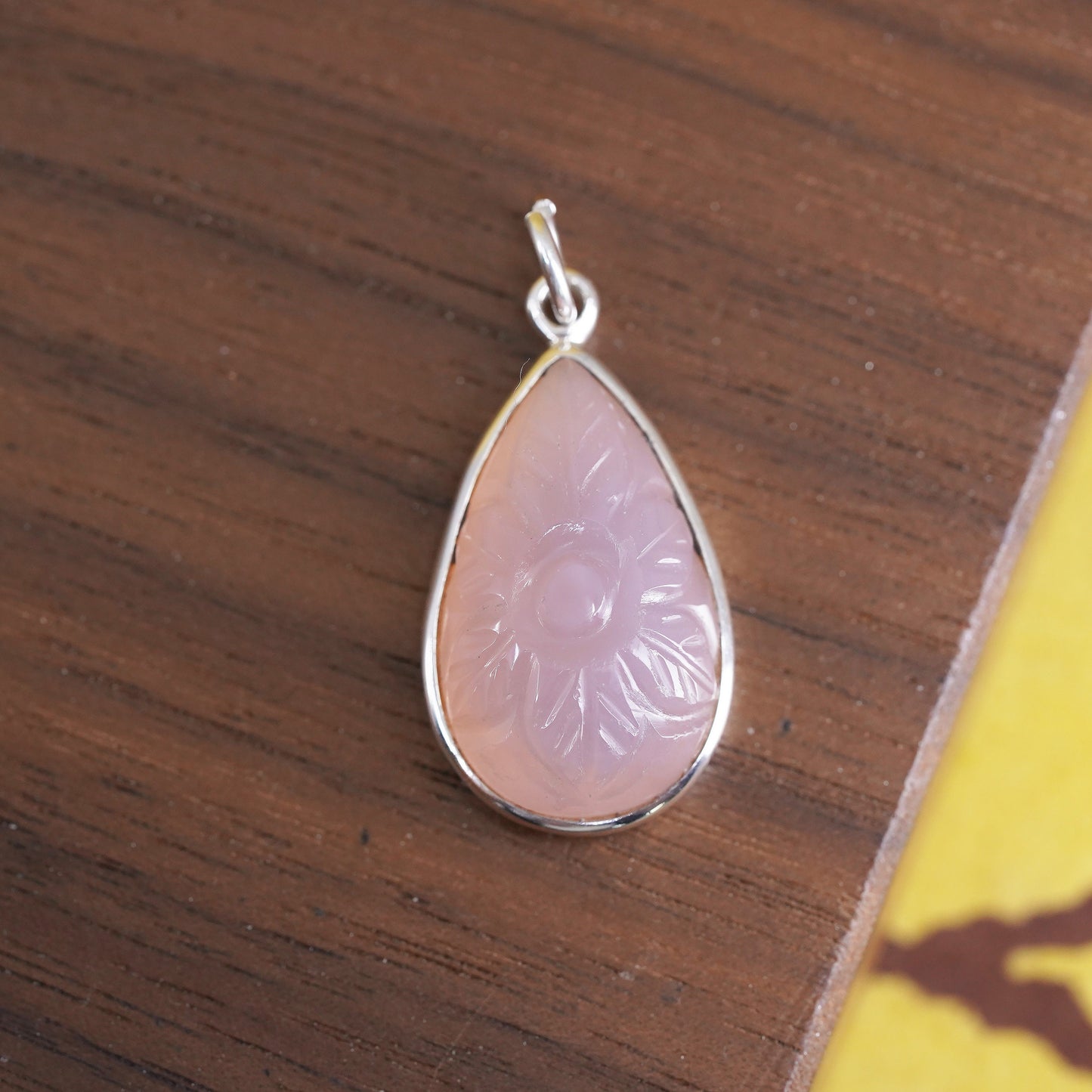 Sterling 925 silver handmade pendant with carved teardrop pink rose quartz