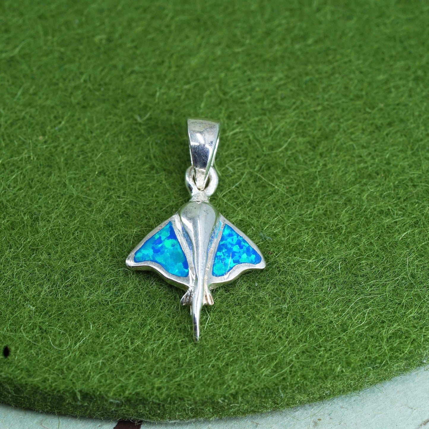 Sterling silver handmade pendant, 925 silver flathead shark with opal inlay