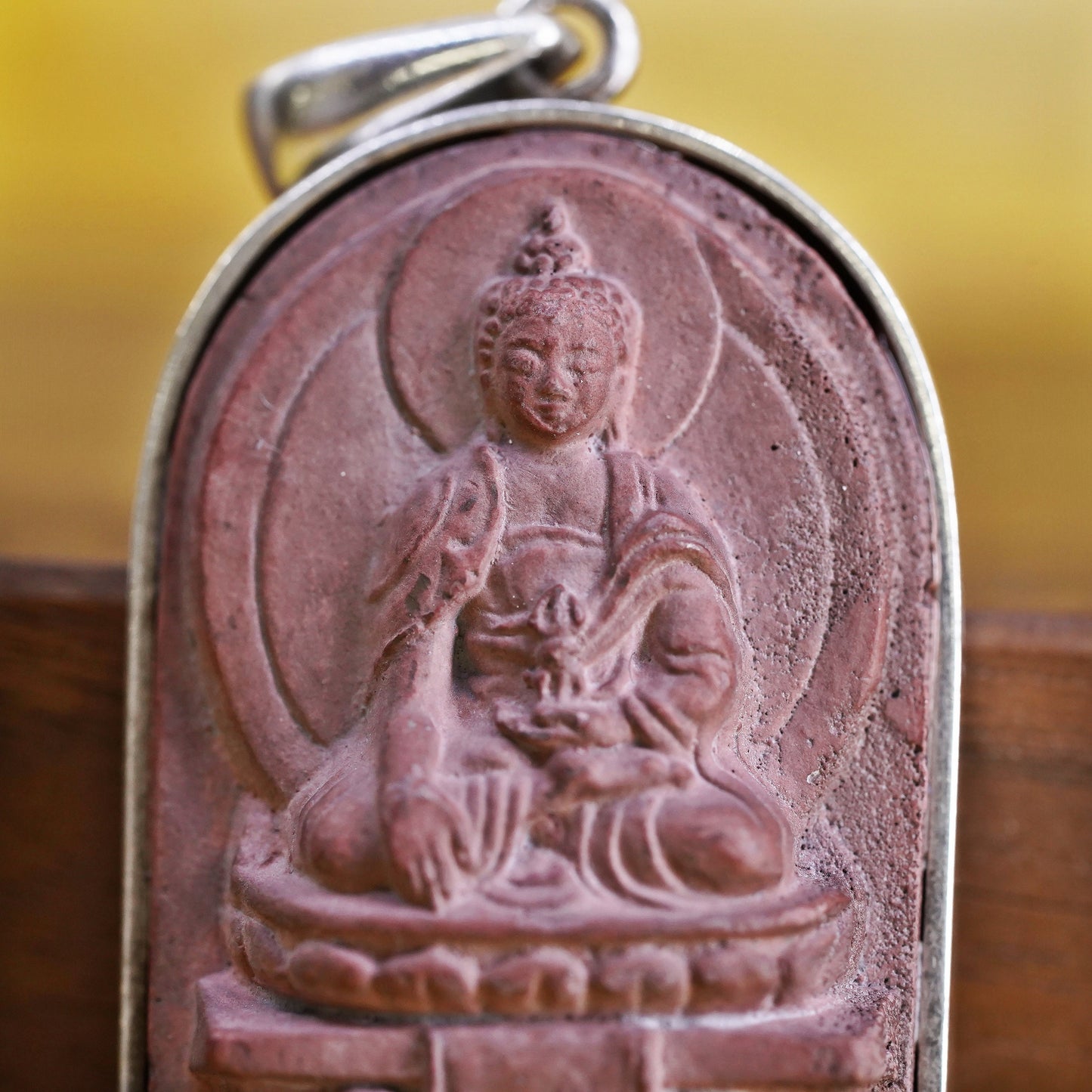 vintage Sterling 925 silver handmade pendant with carved Cinnabar Buddha