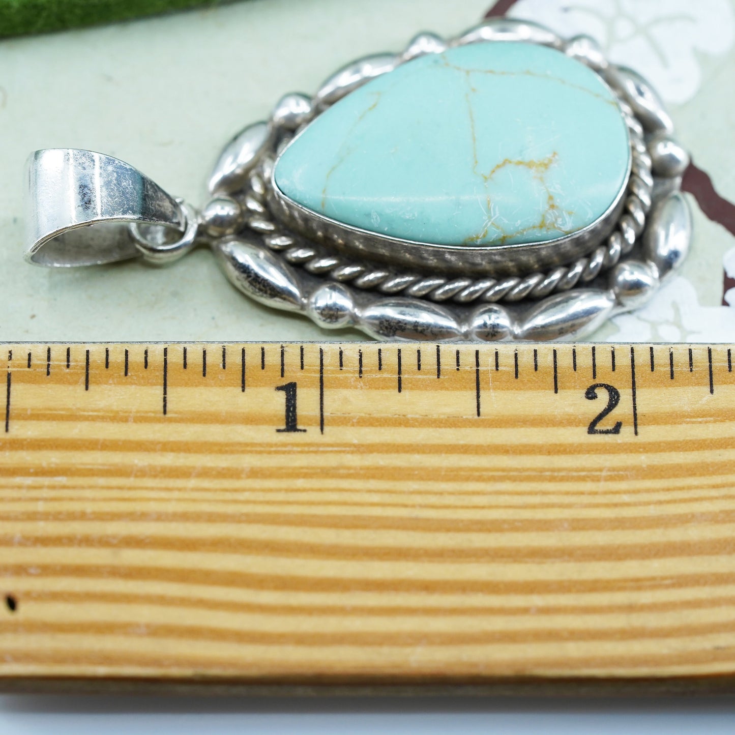 Vintage Sterling silver handmade pendant, Mexican 925 teardrop with turquoise