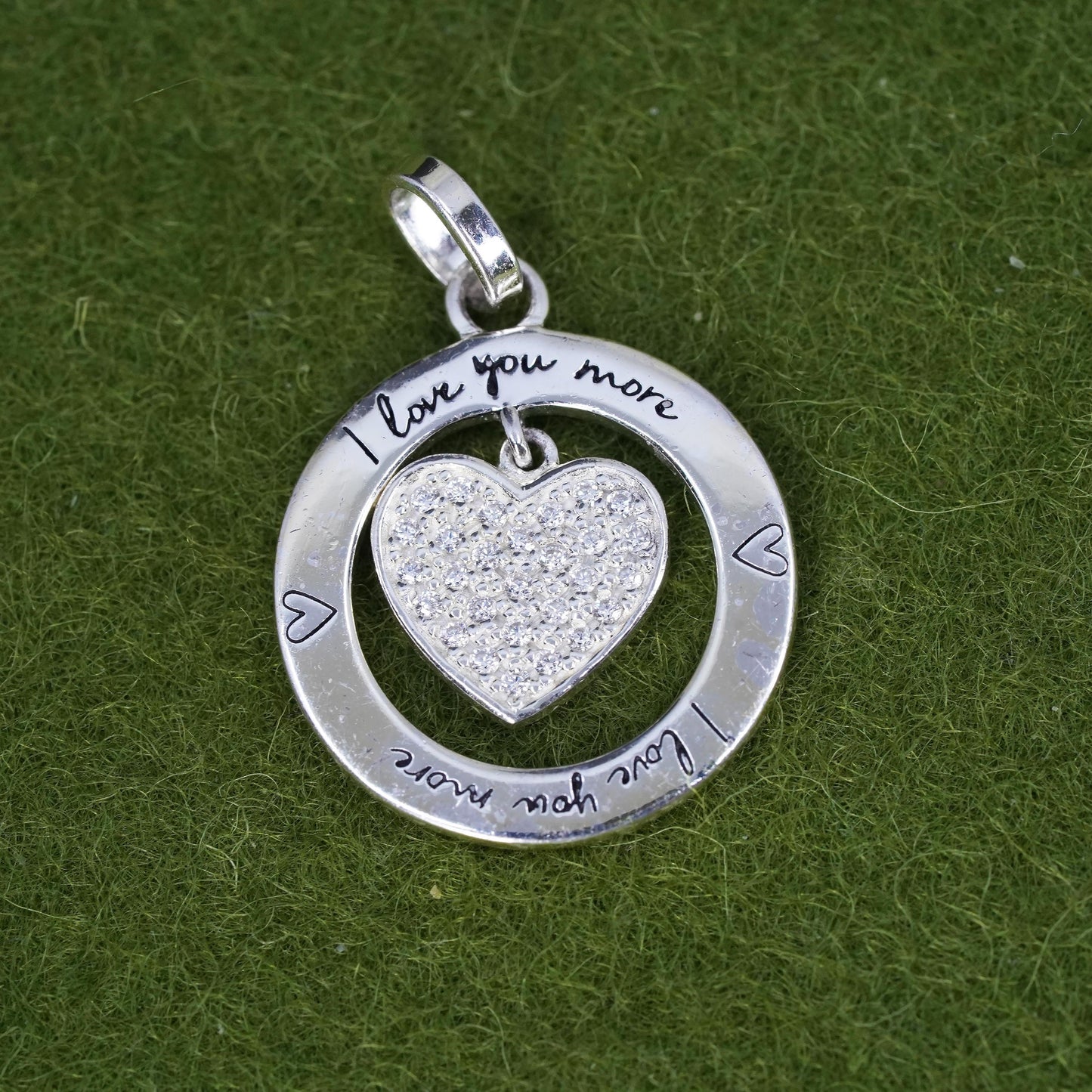 Vintage Sterling 925 silver pendant with Cz heart embossed “I love you mom”