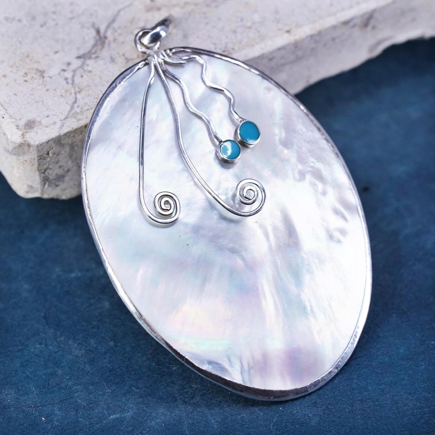 Vintage huge Sterling silver 925 pendant with oval mother of pearl turquoise