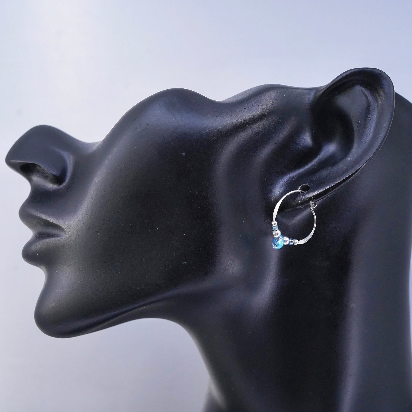 0.75”, Sterling silver handmade earrings, 925 hoops with blue glass beads