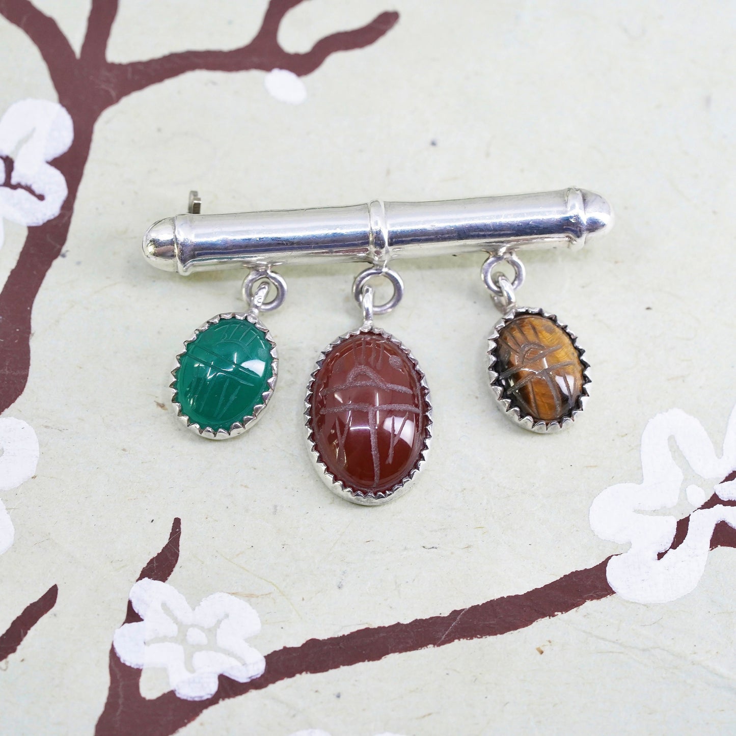 sterling silver brooch, 925 ribbon with carnelian jade golden tiger eye charm