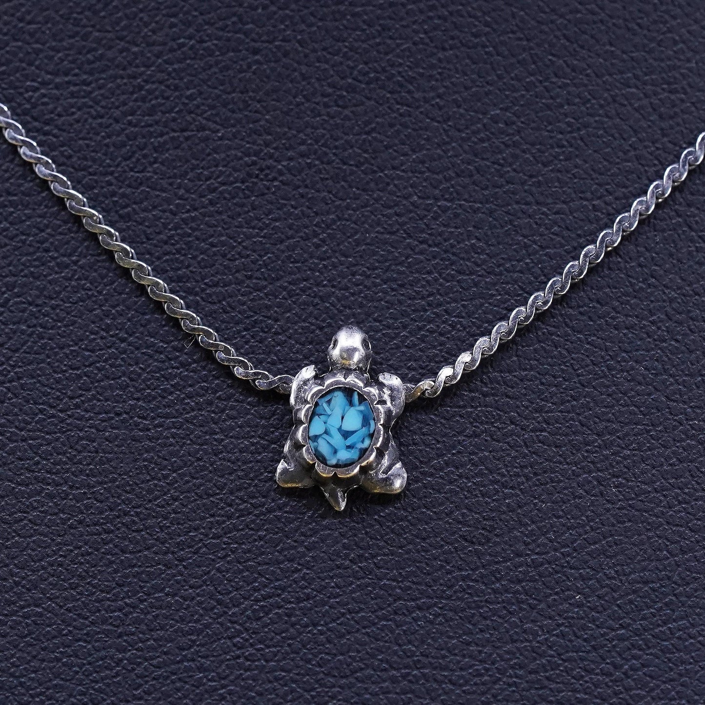 14”, Sterling silver handmade S link necklace, 925 turtle pendant turquoise