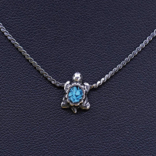 14”, Sterling silver handmade S link necklace, 925 turtle pendant turquoise