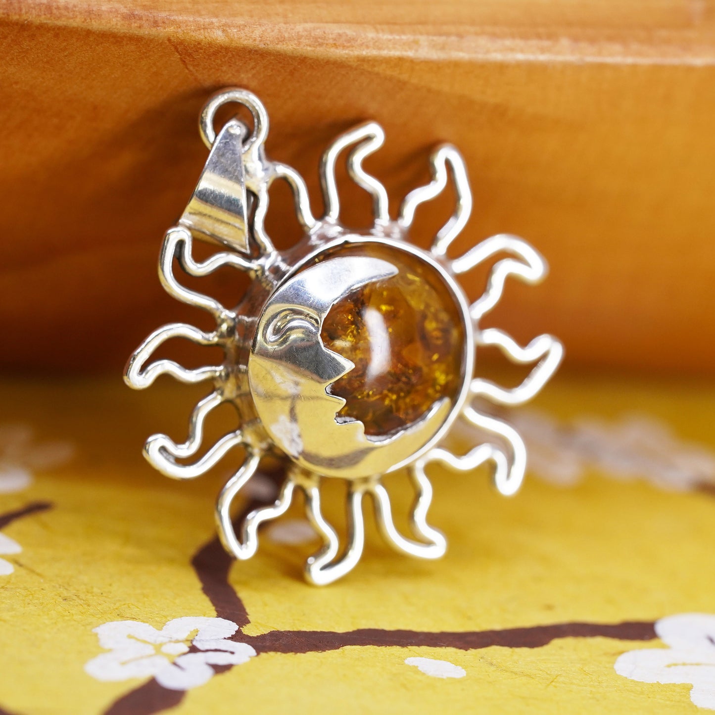 Vintage Sterling 925 silver handmade Sun pendant with Amber and moonface