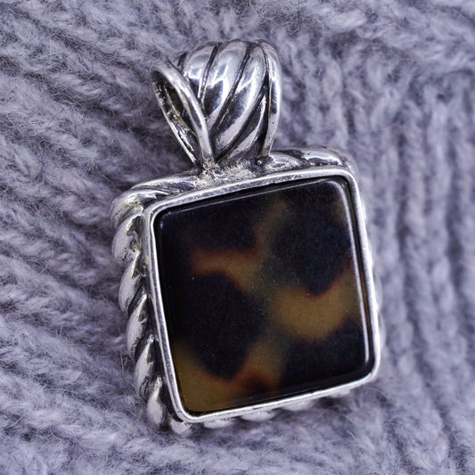 Vintage sterling 925 silver handmade square pendant with amber