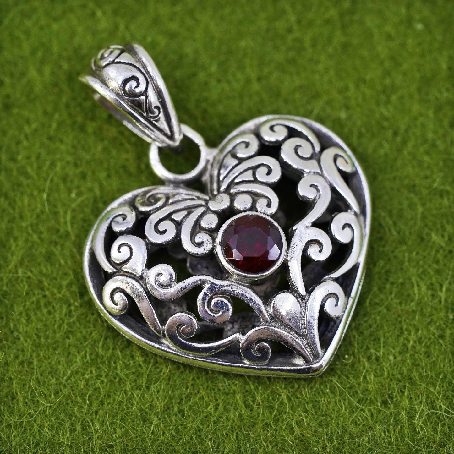 vintage sterling silver handmade pendant, 925 filigree heart charm with garnet