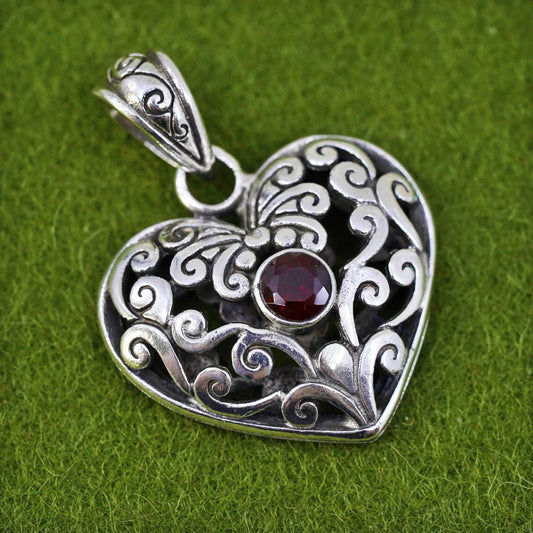 vintage sterling silver handmade pendant, 925 filigree heart charm with garnet