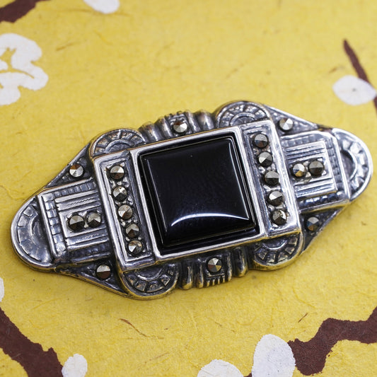 Vintage handmade sterling silver brooch, 925 pin with onyx marcasite, antique