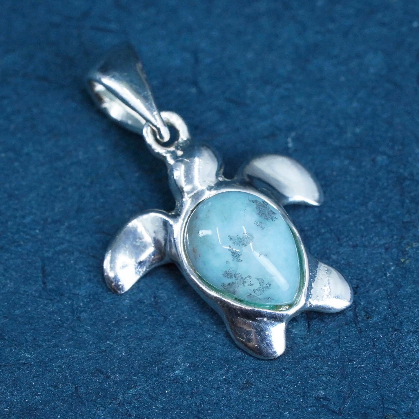 Vintage Sterling silver handmade pendant, 925 silver turtle with larimar inlay