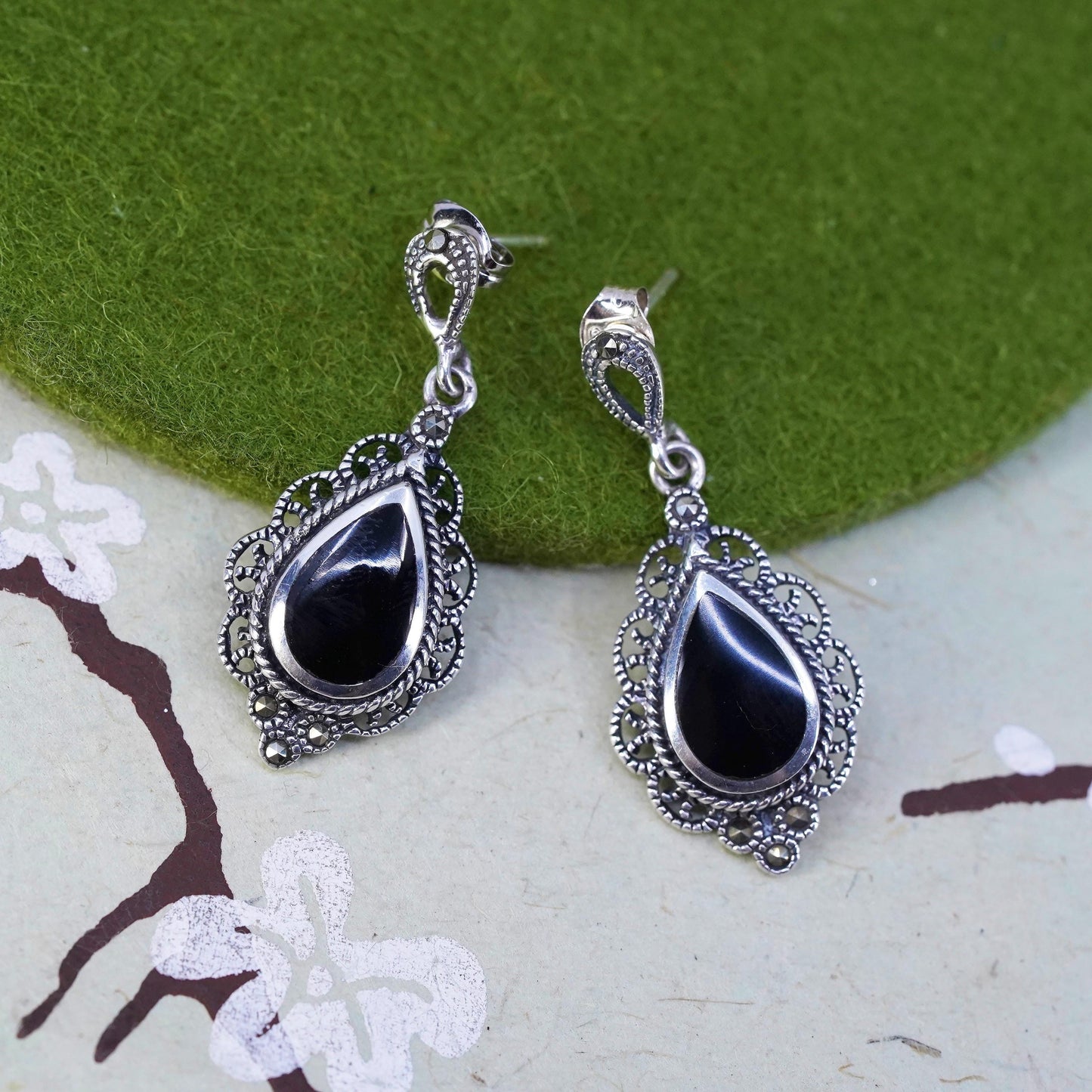 sterling 925 silver earrings, teardrop black onyx and marcasite, southwestern