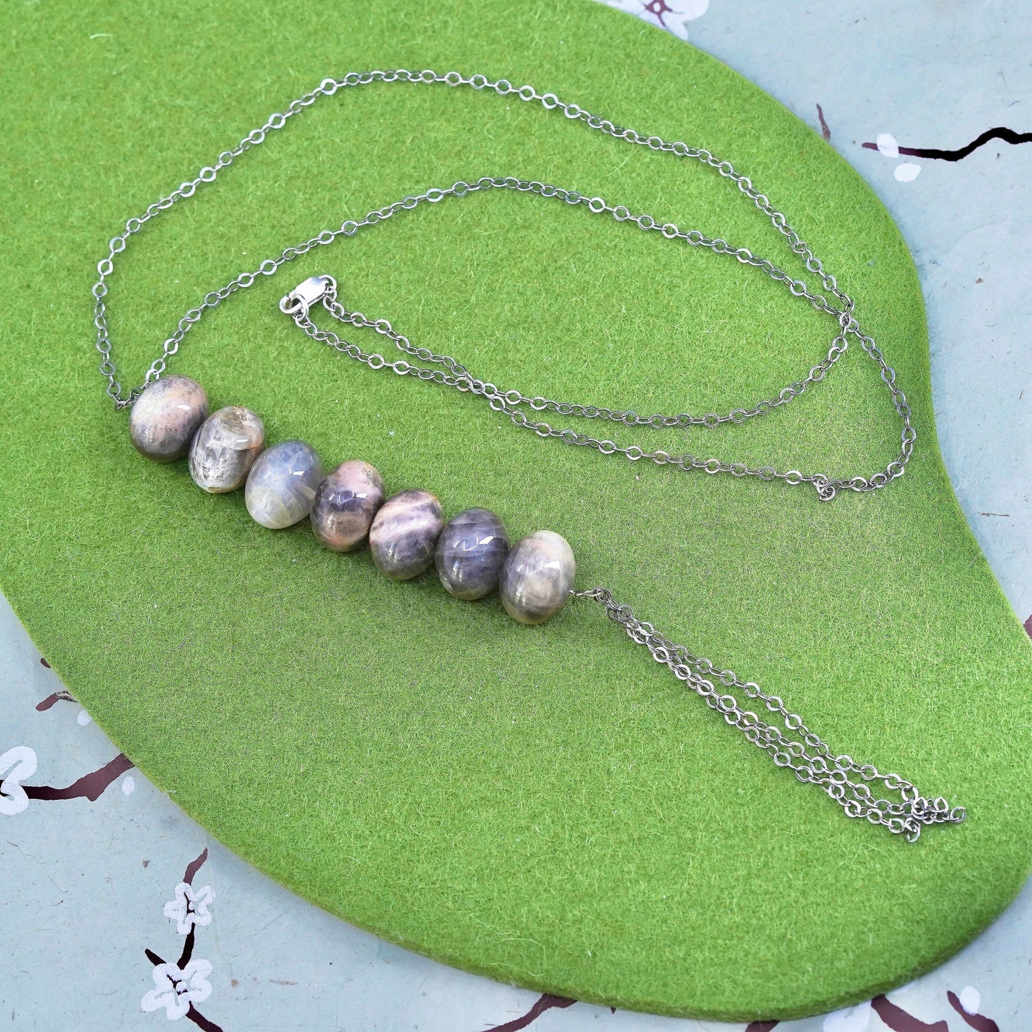 24", sterling silver necklace 925 flatten circle chain long labradorite Pendant
