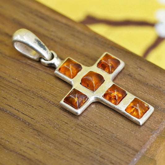 Vintage Sterling silver 925 handmade cross pendant with Amber