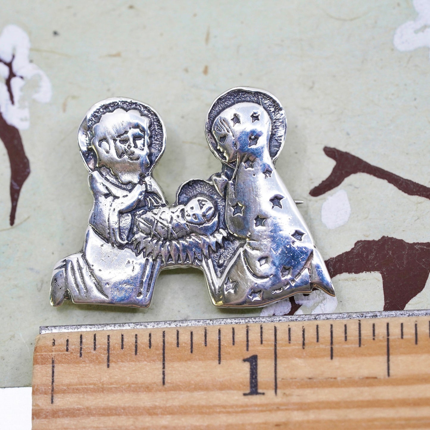 VTG Mexico sterling 925 silver handmade the Birth Of Jesus brooch pin pendant