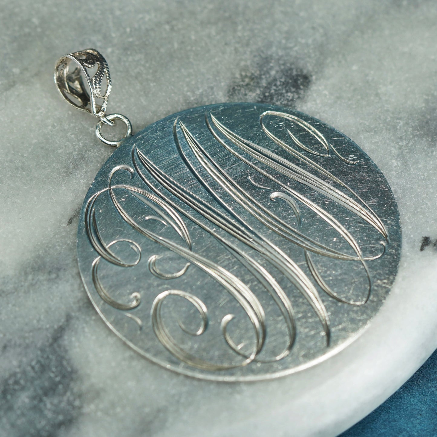 sterling silver handmade pendant, 925 huge circle laser engraved initial “PMV”