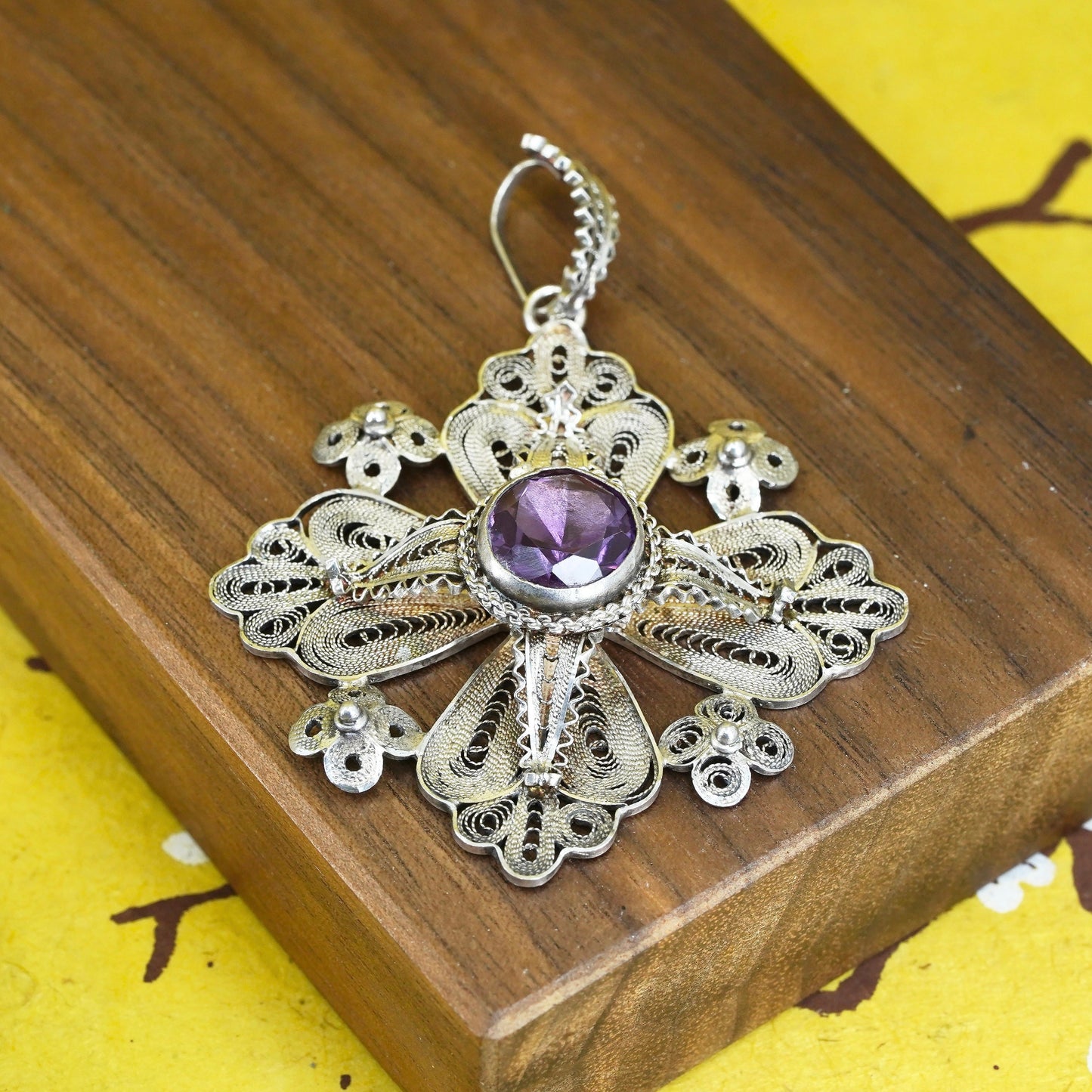 Sterling silver handmade pendant, 925 Jerusalem filigree cross with amethyst