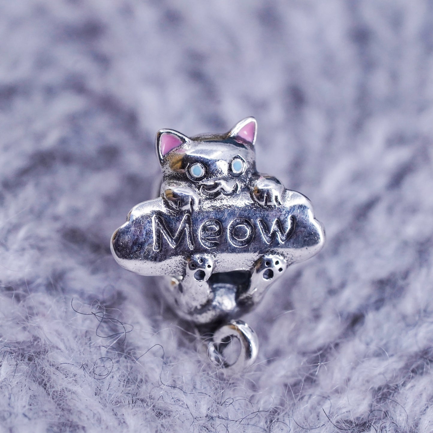 Vintage 925 Sterling Silver handmade kitty cat charm embossed “meow”