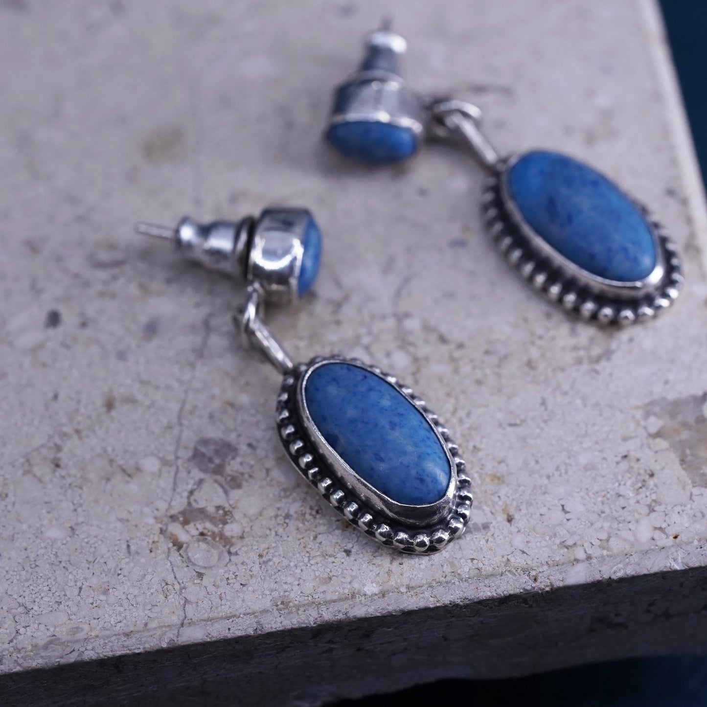 Native American Sterling silver earrings, 925 dangles with denim lapis lazuli