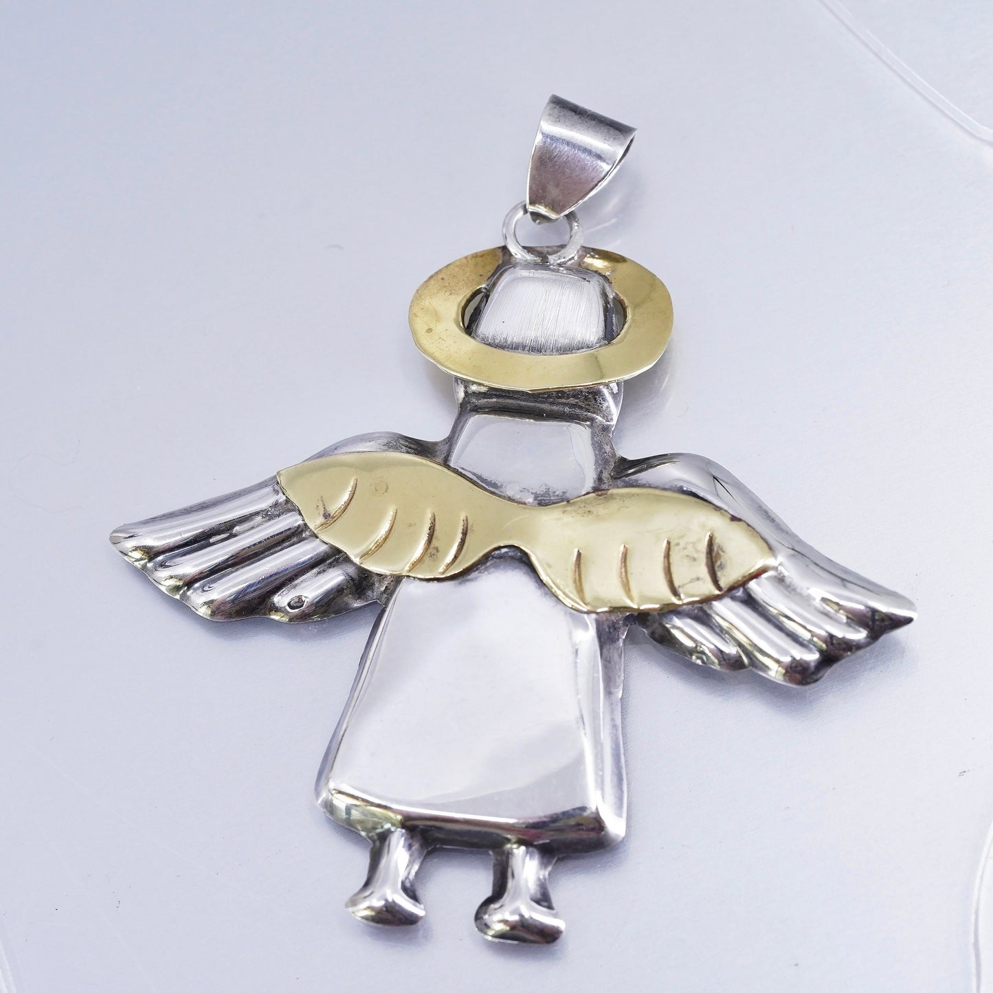 Vintage two tone Sterling silver handmade charm, 925 angel pendant brass wings