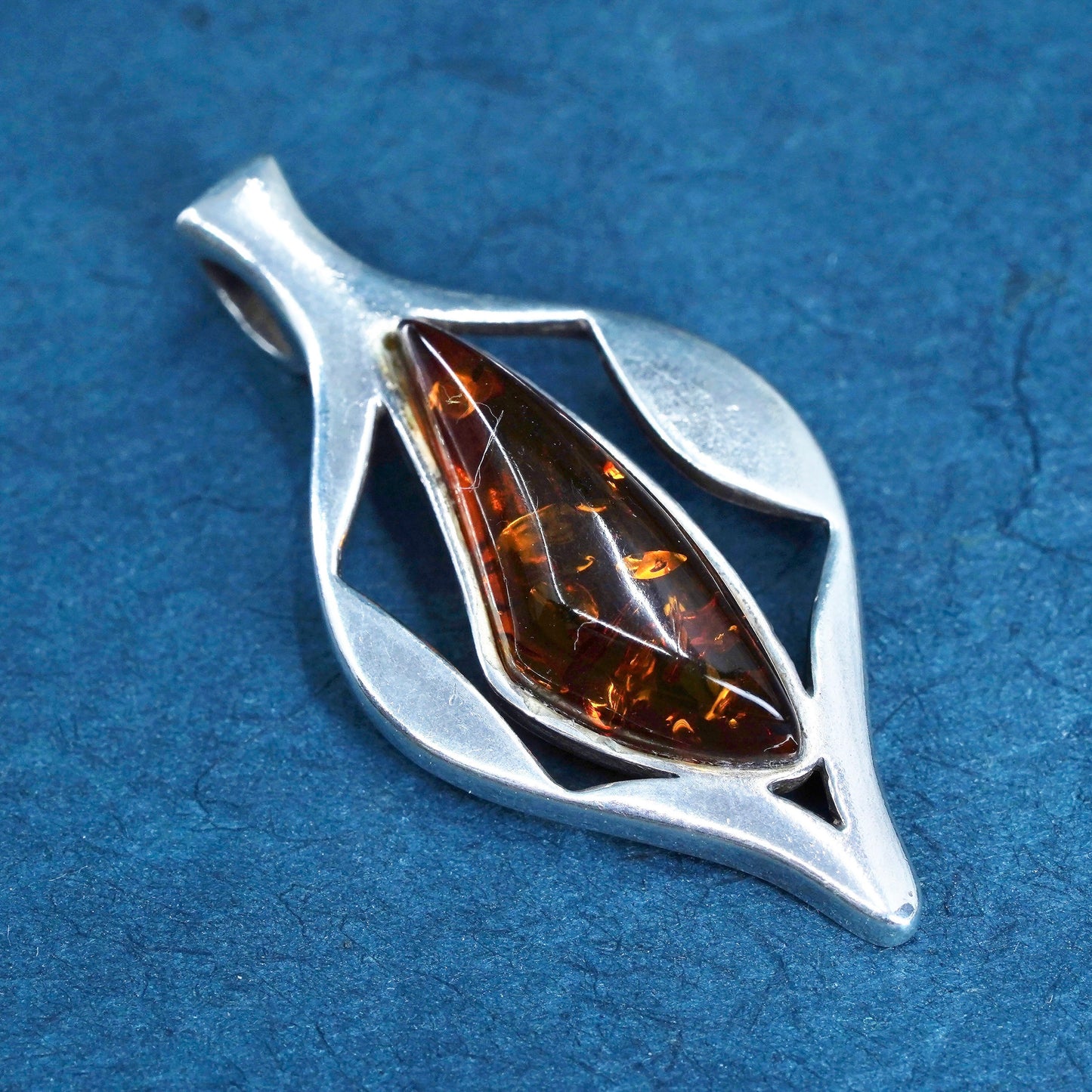 Vintage modern Sterling 925 silver handmade pendant with amber