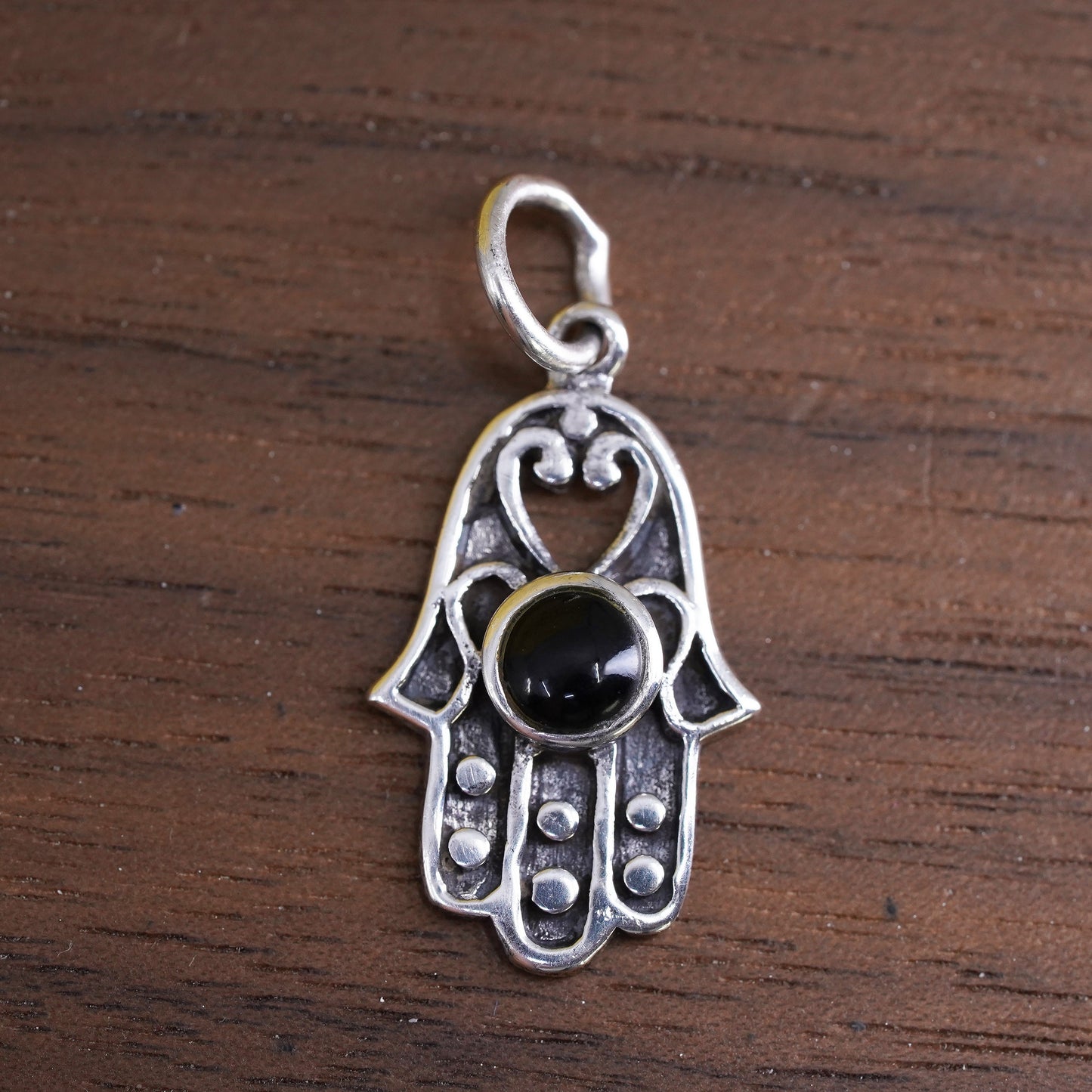 Vintage Sterling 925 silver handmade hamsa healing hand charm pendant with onyx