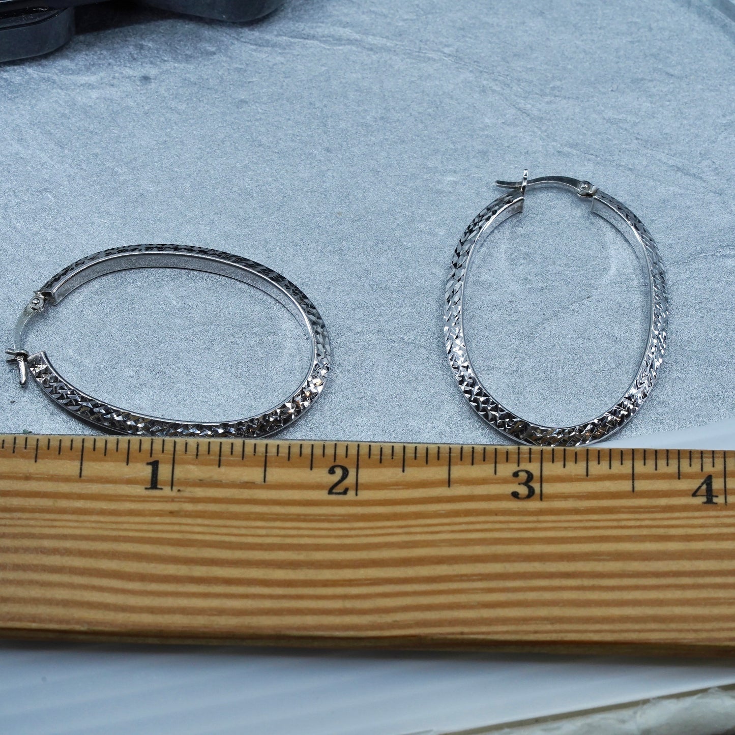 1.75”, vintage Sterling silver handmade earrings, 925 textured oval hoops