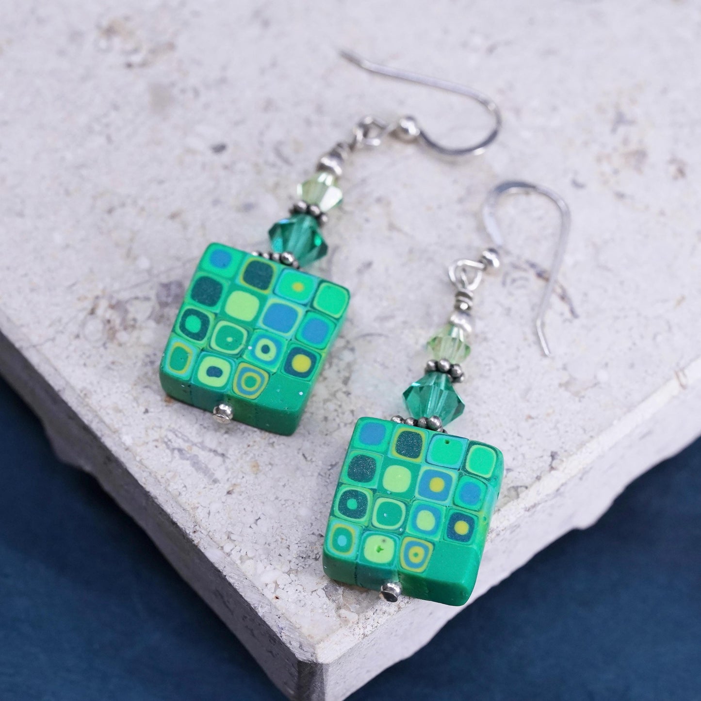 Vintage sterling 925 silver earrings with green square dangles