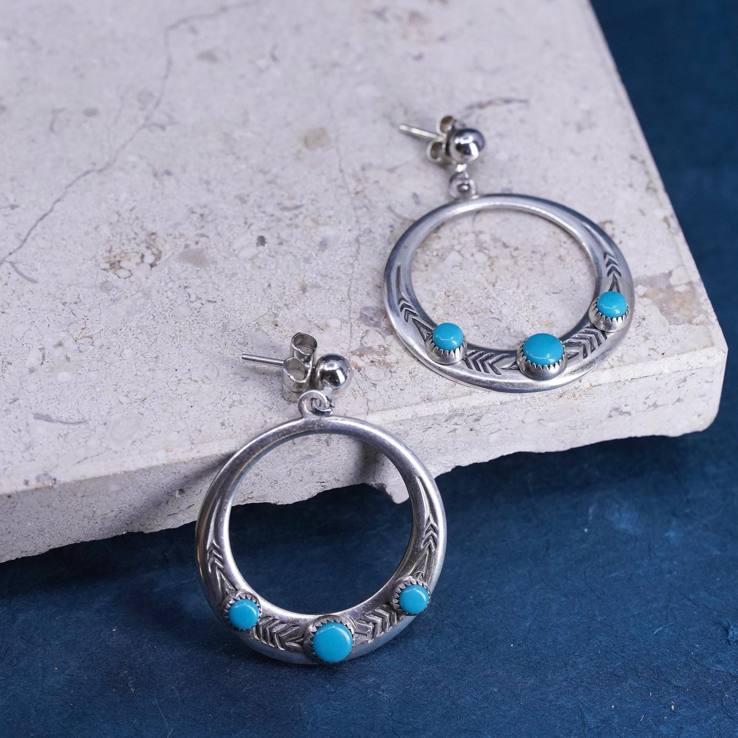 Native American sterling 925 silver circle earrings with turquoise beads