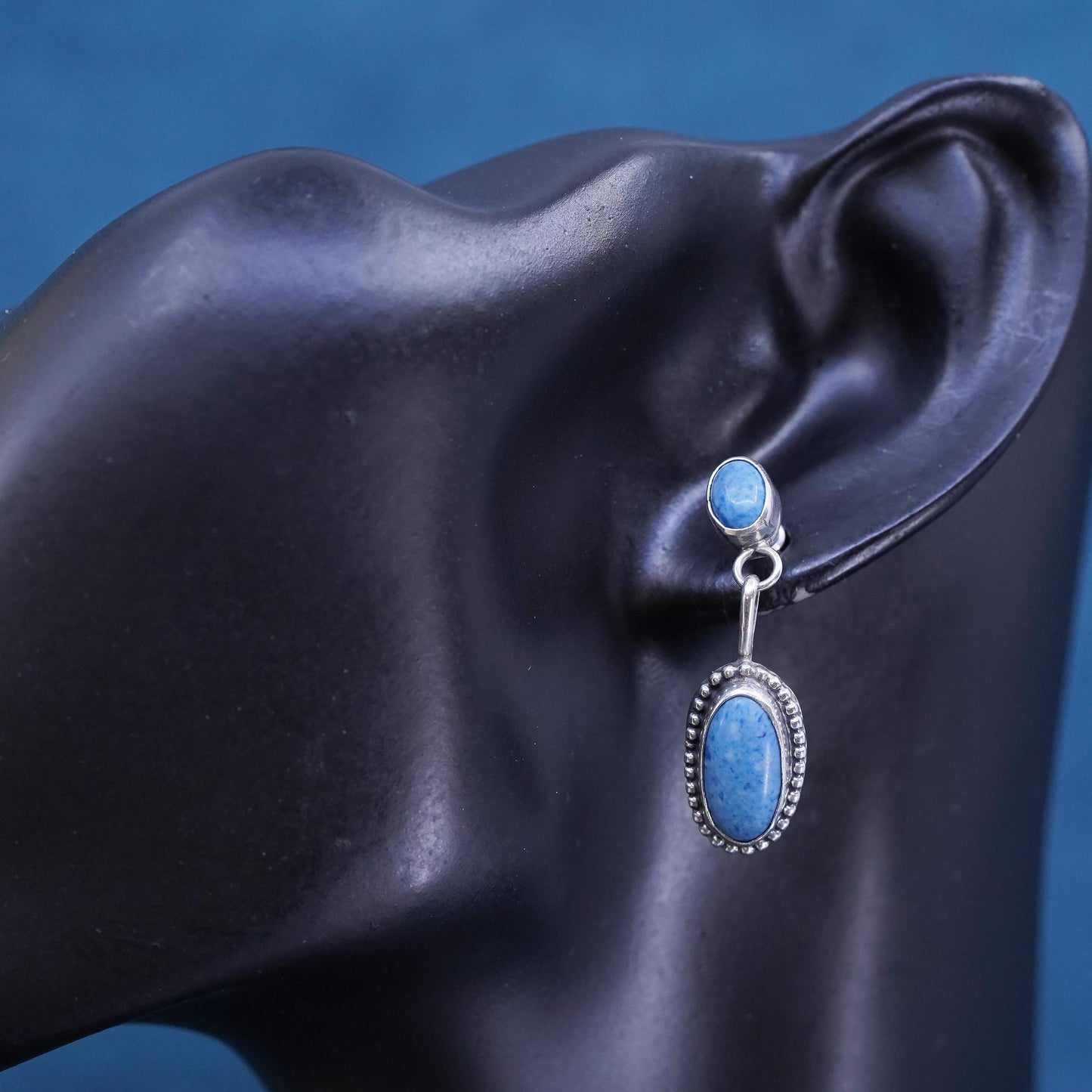 Native American Sterling silver earrings, 925 dangles with denim lapis lazuli