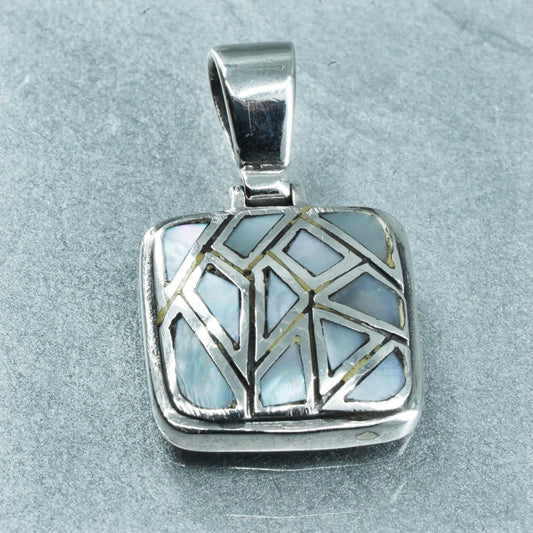 sterling 925 silver handmade square pendant with blue mother of pearl inlay